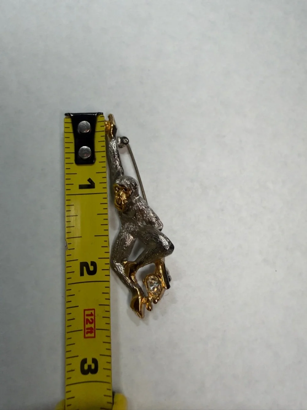 Figural Chimpanzee Brooch Vintage Monkey‎ Pin Gold Silver Tone Rhinestone